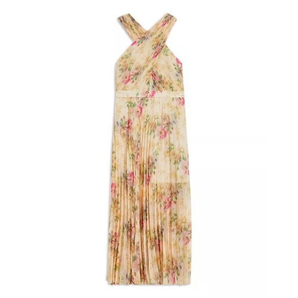 Ted Baker London Cross Front Pleated Midi Dress Floral Tan Size 1 (Us 4) Nwt New